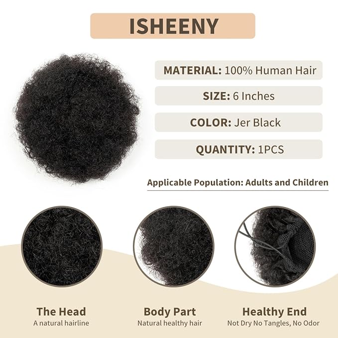 isheeny Medium Human Hair Bun For Girls 5-8 Years Old, Human Hair Natural Drawstring Ponytail Hair Extensions Black For Little Girls, Curly Bun Hairpiece, Soft, And Durable For Repeated Use