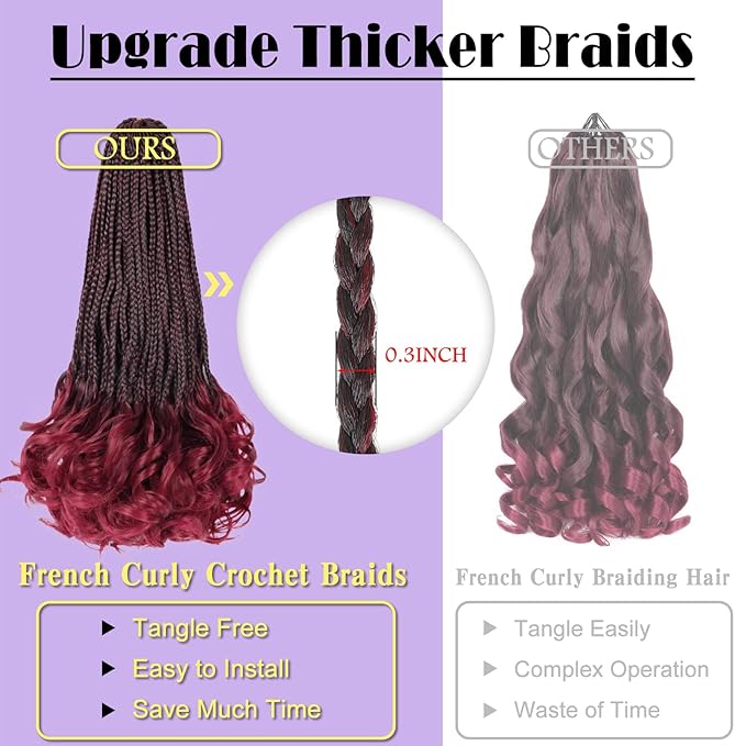 Ombre French Curl Crochet Braids 24 Inch Goddess Box Braids Crochet Hair for Women 8 Packs Burgundy Pre Looped Crochet Box Braid with Curly Ends Synthetic French Curly Braiding Hair Extensions 1B/BUG