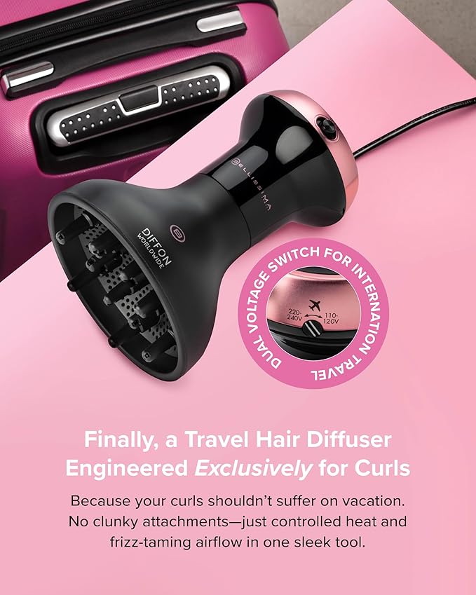 Bellissima Diffon Worldwide Diffuser Hair Dryer for Curly Hair - Dual Voltage 2-in-1 Blow Dryer with Diffuser - Reduces Frizz, Defines Curls, Volumizes - Lightweight, Easy Hold Handle