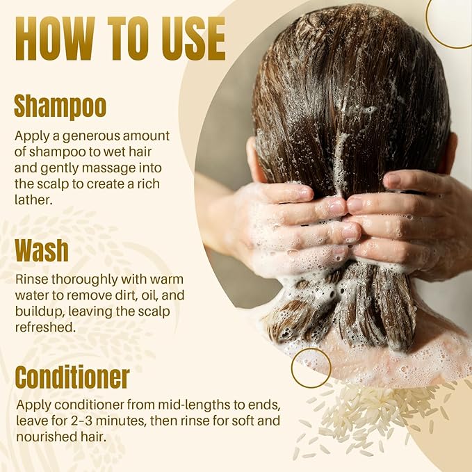 Rice Water Shampoo and Conditioner Set - Ultra-Nourishing Hair Care Set, Promotes Growth, Revitalizes Shine, and Shields from Damage - Infused with Essential Oils - 16 fl oz Each
