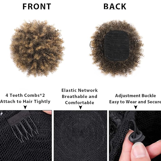 Afro Puff kinky curly Drawstring Ponytail Extension for Black Women Synthetic Short Afro Kinkys Curly Afro Bun Extension Hairpieces Updo Hair Extensions with Two Clips(T27#)