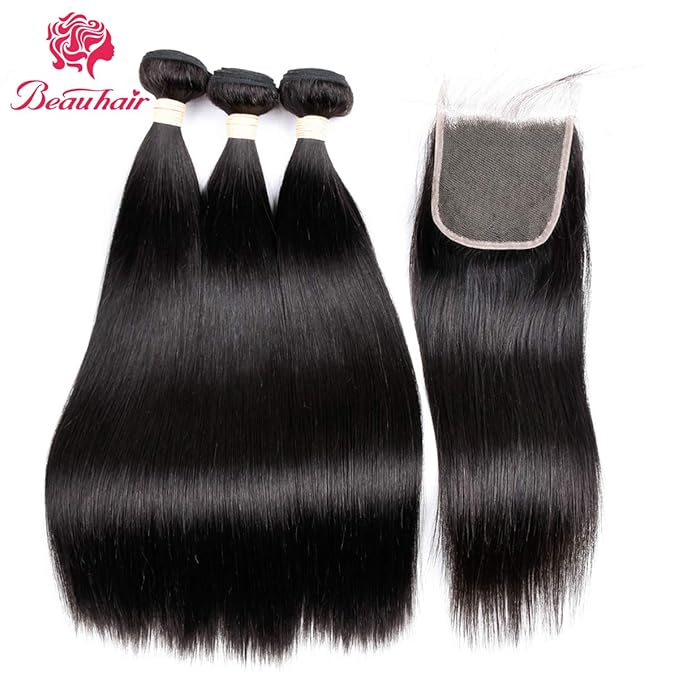 Straight Hair Bundles with Closure (26 28 30+20 Closure) 100% Brazilian Straight Virgin Hair 3 Bundles with Lace Closure Free Part Human Hair Extensions Natural Black Color