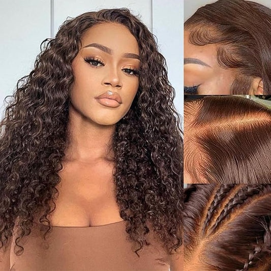 SENSAIRUITE Chocolate Brown Deep Wave Lace Front Wigs Human Hair 13x4#4 Curly Lace Front Wig Human Hair 180% Density HD Transparent Glueless Lace Frontal Wigs Pre Plucked 22 Inch