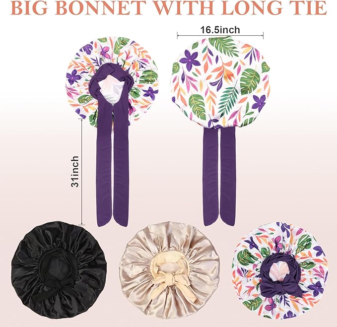 3Pcs Bonnets for Sleeping, Extra Satin Silk Bonnet for Sleeping Women with Tie Band for Curly Hair Jumbo Bonnet Braids