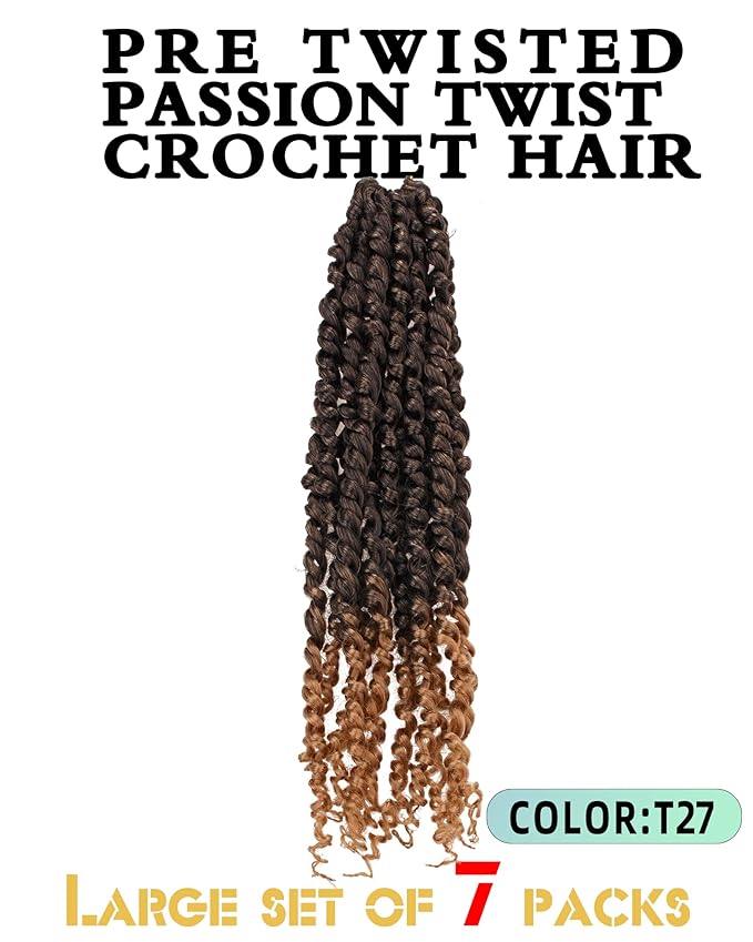 Pre-twisted Passion Twist Crochet Hair for Black Women 14 Inch 7 Packs Passion Twist Hair,Pre-looped Crochet Hair,Synthetic Spring Kinky Twist Braiding Hair Extensions (14"-7P,T27)
