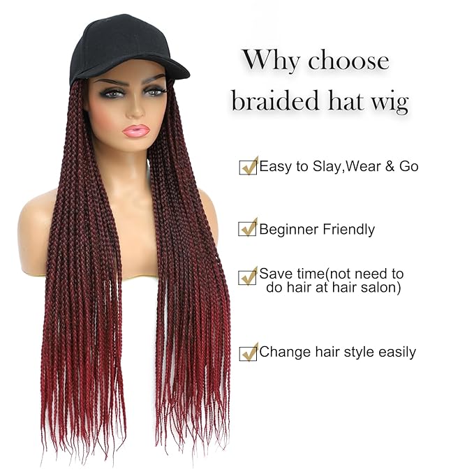 Hat Wig for Women Baseball Cap with Braided Hair Attached Synthetic Box Braid Wig Hat Adjustable Cap with ombre burgundy Braids for Daily Outdoor Halloween Use