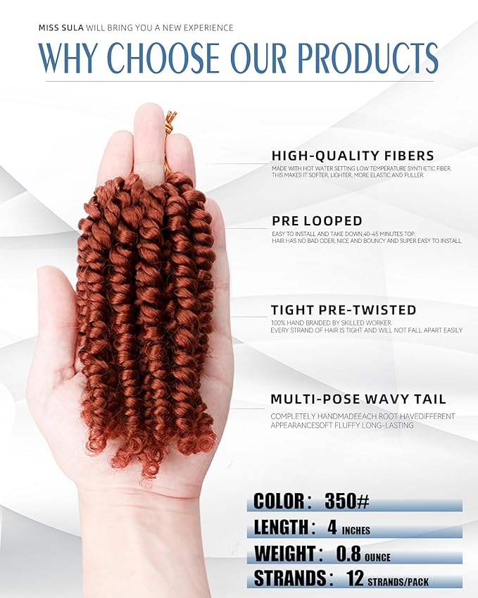 Short Passion Twist Crochet Hair for Black Women and Kids,Pre-Twisted Pre Looped Passion Twist Hair,4 Inch 8 Packs Ginger Short Bob Spring Twist Bohemian Braids,Curly Hair Extensions(4"-8P,350#)