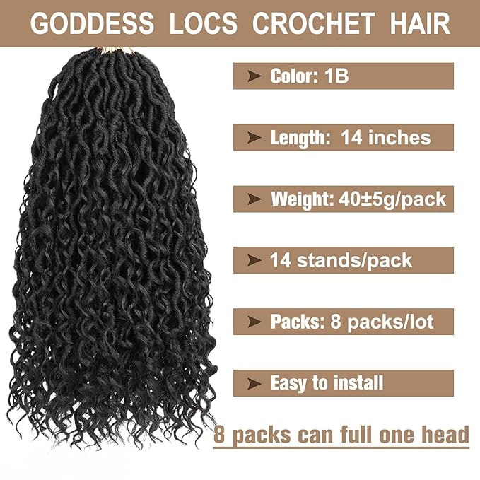 COOKOO 14 Inch 8 PCS Goddess Locs Crochet Hair Total 112 Strands Natural Black Faux Locs Crochet Hair Hippie River Locs Crochet Hair Pre Looped Crochet Locs Synthetic Hair Extensions 1B#