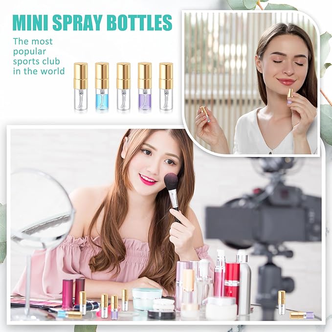 Zhehao 75 Pcs Mini Spray Bottles 2 ml Clear Glass Perfume Bottles Refillable Fine Mist Perfume Atomizer Portable Empty Sample Containers for Cleaning, Essential Oils, Travel (Gold Cap)
