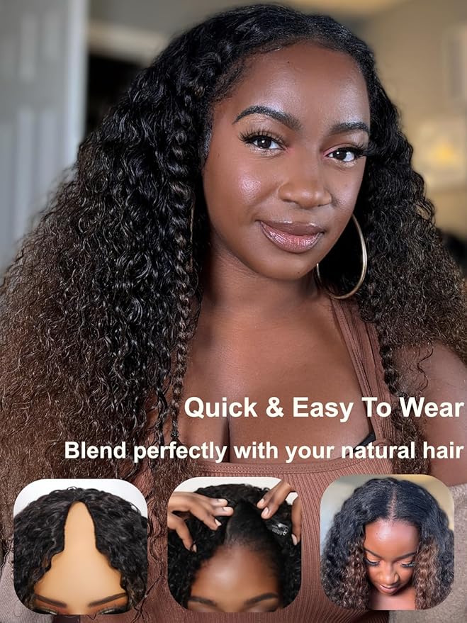 Julia Hair EasiContour V Part Curly Wigs Human Hair 12A Ombre Black to Chestnut Brown Glueless Wigs Clip in Vpart Wig No Leave Out Upgrade U Part Wig Beginner Friendly Ready to Go 18 Inch