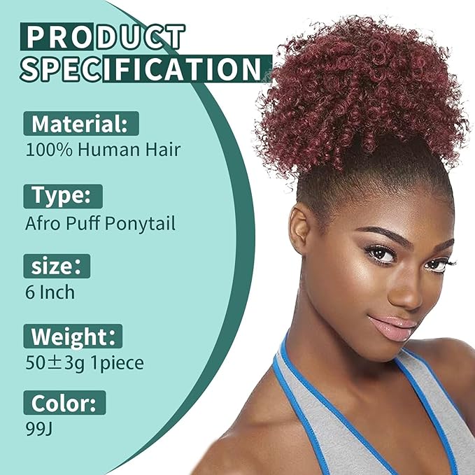 Afro Puff Clip On Human hair Drawstring Ponytail for Black Women,Ponytail Extension 6 Inch #99j Burgundy 50g Short Afro Kinkys Curly Afro Bun Extension Hairpiece
