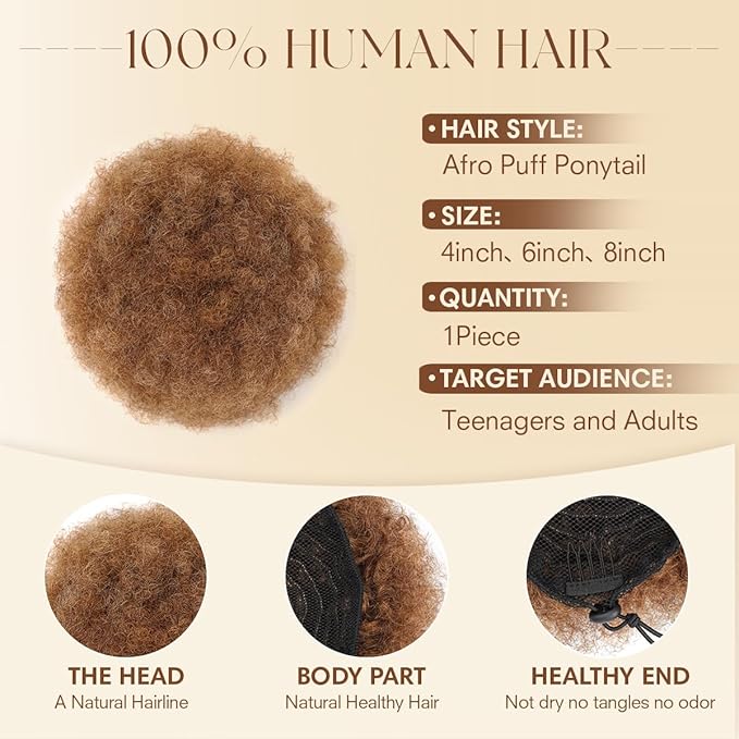 Human Hair Ponytail for Black Women #04 Medium Brown Medium 4c Human Hair Kinky Curly Durable Natural Soft and Smooth Clip On Drawstring Ponytail