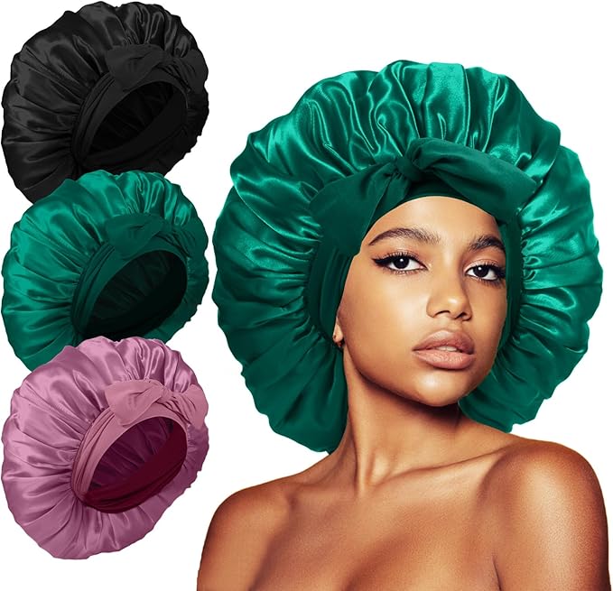 3Pcs Bonnets for Sleeping, Extra Satin Silk Bonnet for Sleeping Women with Tie Band for Curly Hair Jumbo Bonnet Braids