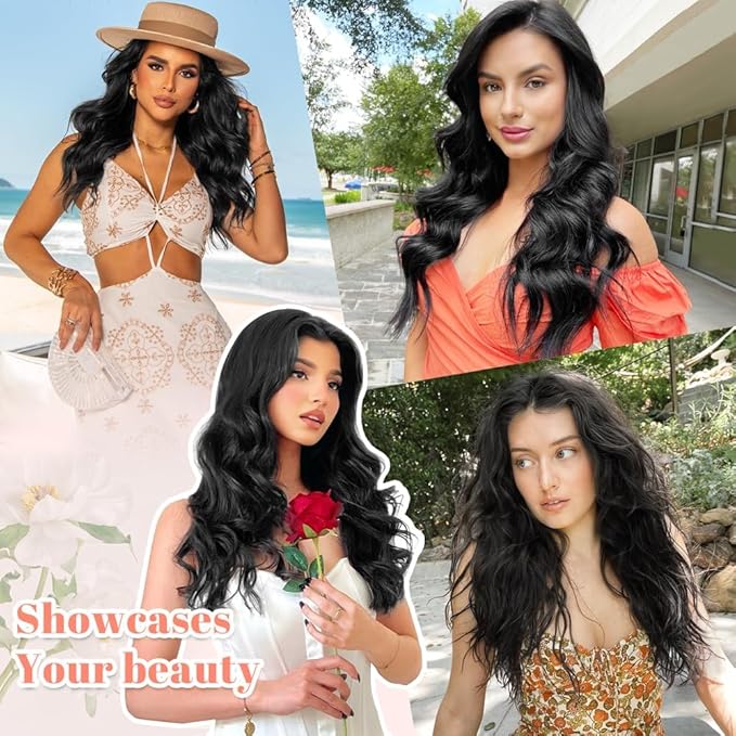 ALXNAN Clip in Long Wavy Synthetic Hair Extension 16 Inch Black 4PCS Thick Hairpieces Fiber Double Weft Hair for Women