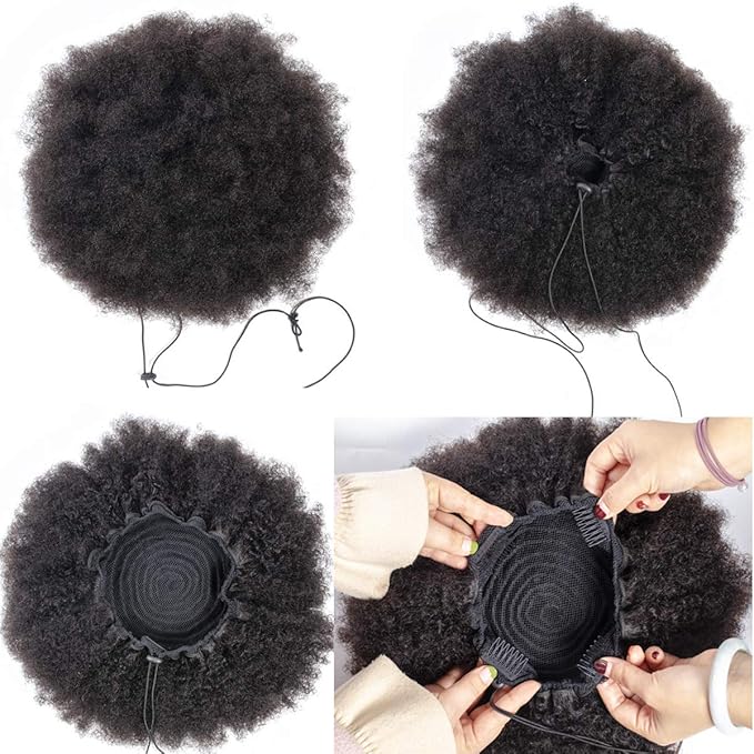 WENYU Afro Puff Drawstring Ponytail Human Hair Bun For Black Women 8A Brazilian Virgin Afro Kinky Curly Clip In Ponytail Extension Human Hair Pieces Natural Color (10 Inch, Drawstring Ponytail)