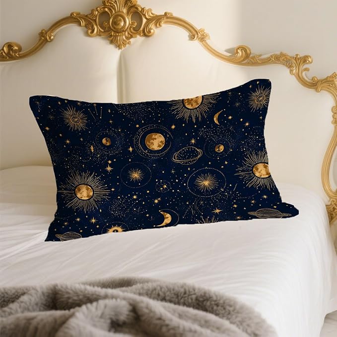 1 Pack Satin Pillowcase for Hair and Skin Golden Sun Moon and Planets Imitation Silk Pillowcase with Hidden Zipper Soft Breathable Pillow Cover Standard Size for Bedroom Sofa 20”x26”