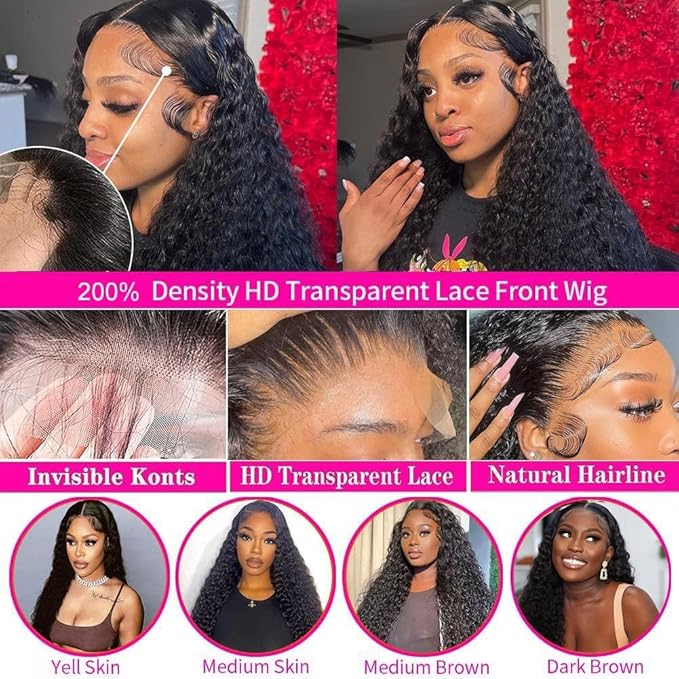 26Inch 13X6 Lace Front Wigs Human Hair 200% Density Deep Wave HD Transparent Lace Front Wigs Human Hair Pre Plucked Glueless Wigs Deep Curly Human Hair for Women With Baby Hair