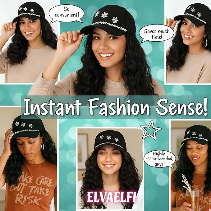 14-Inch Curly Hat Wigs for Women, Synthetic Water Wave Black Hair Wig, Baseball Cap with Hair Extensions