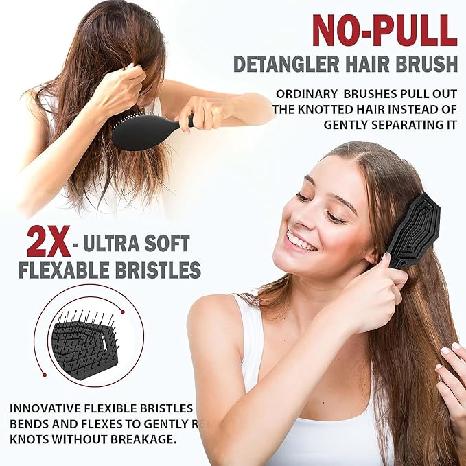 Fiora Naturals Hair Detangling Brush for Women - Detangler Hair Brush w/Flexible Soft Bristles- Gently Glides Through Tangles - Curly, Fine, Dry and Shower Wet HairBrush, cepillo para cabello - Black