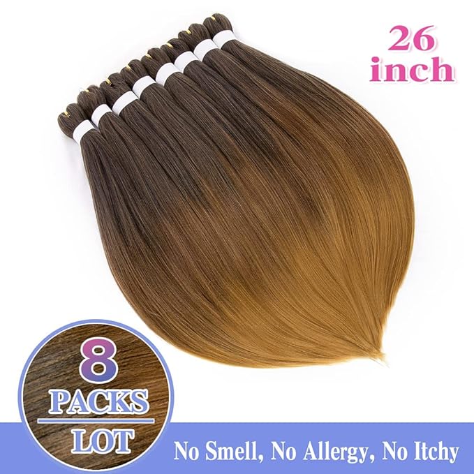 8 Pack Ombre Braiding Hair Pre Stretched - 26" 100G/Pack Premium Pre Stretched Braiding Hair Extensions, Professional Itch Free Hot Water Setting Perm Yaki Texture Prestretched Hair(1B3027)