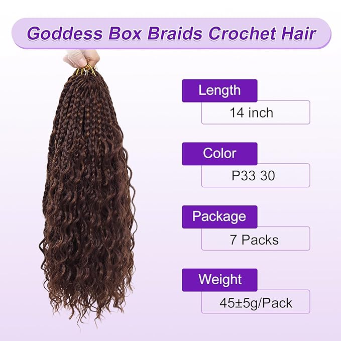 Eacia Goddess Box Braids Crochet Hair 14 Inch 7 Packs Boho Box Crochet Hair for Women Pre Looped Braids with Curly Ends (14 Inch, P33/30#)