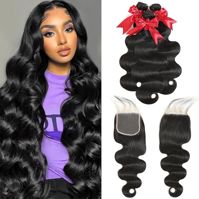 12A Body Wave Bundles with Closure Human Hair 18 20 22+16 Inch Brazilian Virgin Body Wave Human Hair Weave 3 Bundles with 4x4 HD Lace Closure