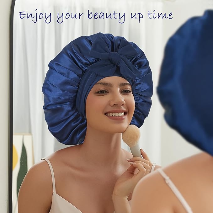 Satin Bonnet with Tie Band,Silk Hair Bonnet for Sleeping Women,Bonnets for Women,Double Layer Sleep Cap for Braids Curly Hair