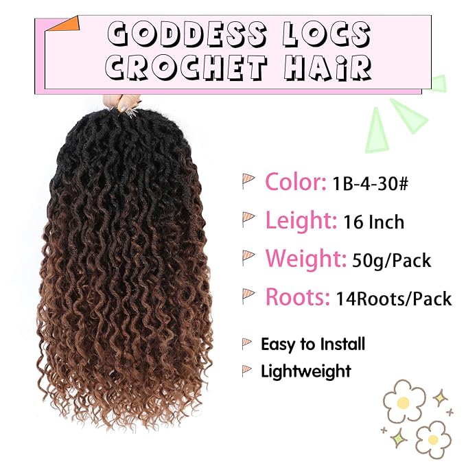 Fulcrum Goddess Locs Crochet Hair 16 Inch, 8 Packs New Faux Locs Crochet Hair for Black Women, Crochet locs with Curly Ends (16Inch (Pack of 8), 1B/4/30#)