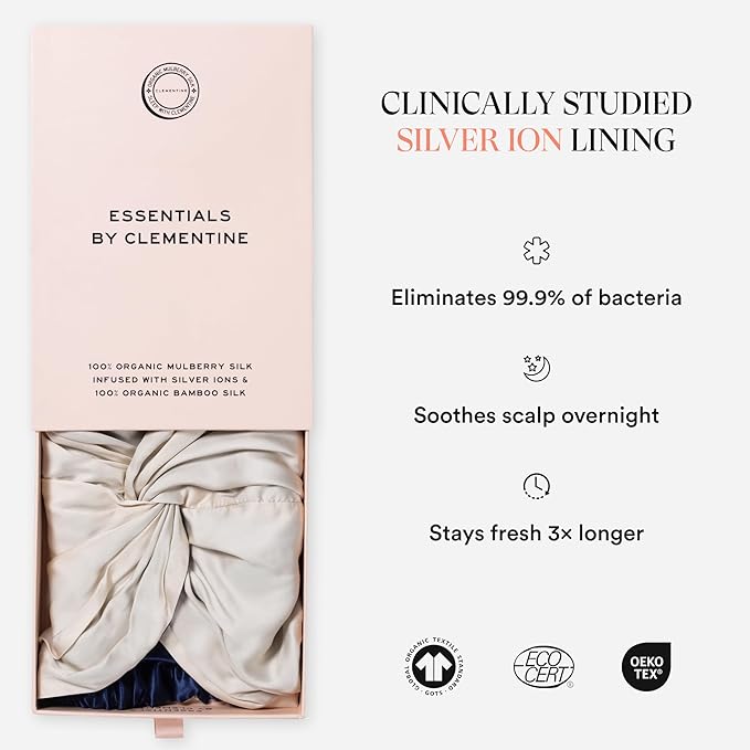 Essentials by Clementine Organic Hair Bonnet in Champagne Sunset | Silver Ion Silk Lined Bamboo Sleep Cap for Frizz-Free, Curly Hair, and Scalp Health