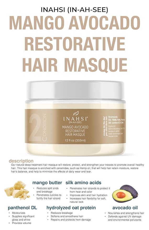 Inahsi Mango Avocado Restorative Hair Masque | Deep Conditioner for Men, Women & Kids with Curly Hair | Hair Products for Natural Curls - 12 oz | Made in the USA
