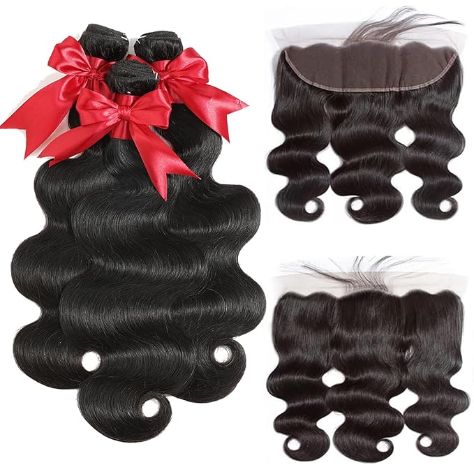 12A Body Wave Bundles with Frontal Human Hair 26 28 30+20 Inch Brazilian Virgin Body Wave Human Hair Weave 3 Bundles with 13x4 HD Lace Frontal Closure