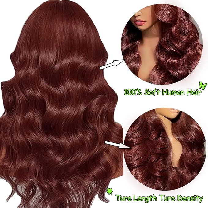 32 Inch Reddish Brown Lace Front Wigs Human Hair 13×6 HD Lace Body Wave Aubrun Brown Front Wig Pre Plucked Red Human Hair Colored Wig 180% Density