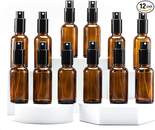 YIZHAO Amber Glass Spray Bottles 1oz, with Small Fine Mist Spray, Metal Cap, Refillable for Essential Oil,Travel,Cleaning,Perfume,Aromatherapy,Makeup – 12 Pcs