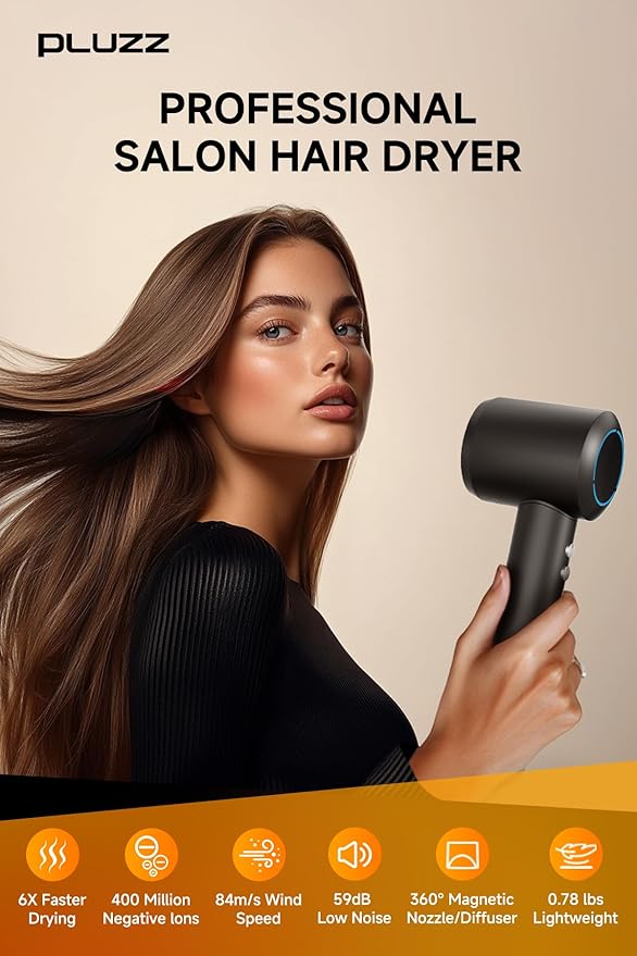 Hair Dryer with Comb & Diffuser Attachment for Curly Hair, PLUZZ 200M Negative Ionic Blow Dryer Brush, High-Speed Brushless Motor Hairdryer Fast, Portable Travel Hair Dryers Quiet, Women/Men/Kids