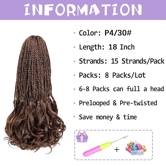 French Curly Braiding Hair Pre looped 18 Inch 8 Packs Crochet Hair for Women Dark Brown mix Brown Crochet Box Braids with Curly Ends Synthetic Hair Extensions P4/30#