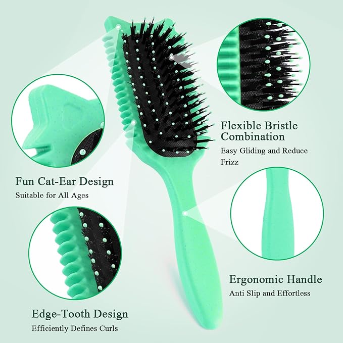 Curly Hair Brush, Curl Defining Brush for Effortless Curly Hair Care, Funny Cat Ear Type Curl Brush Suitable for Wet & Dry Hair,Women and Men,Reduces Frizz (Green)
