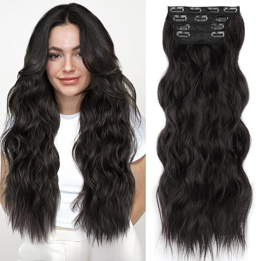 ALXNAN Clip in Long Wavy Synthetic Hair Extension 24 Inch Black Brown 4PCS Thick Hairpieces Fiber Double Weft Hair for Women