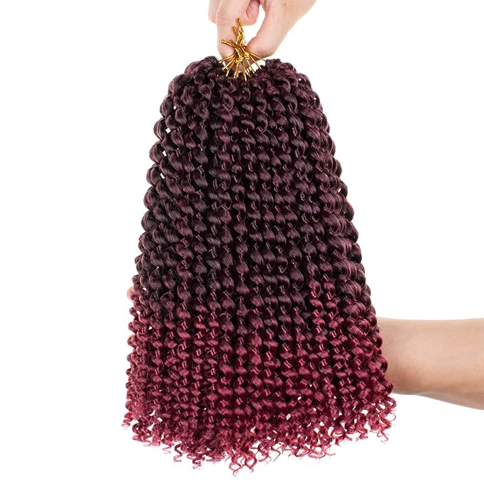 Leeven 12 Inch Ombre Burgundy Water Wave Crochet Hair For Passion Twist 7 Packs Short Bob Passion Twists Hair for Butterfly Locs Synthetic Spring Twist Braiding Hair for Women TBUG#