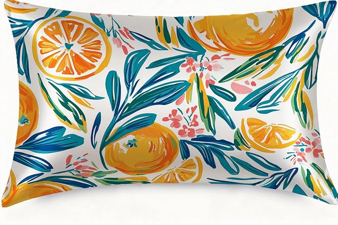 Satin Pillowcase with Zipper for Hair and Skin Abstract Orange and Leaves 1 Pack Soft Silk Pillow Case Standard Size Wrinkle-Free Smooth and Cooling Satin Pillow Cover 20”x26”