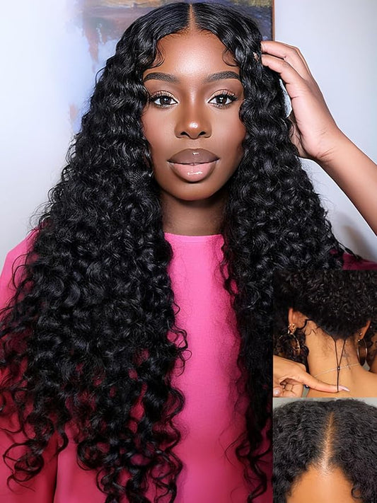 Julia Hair EasiContour 12A V Part Jerry Curly Glueless Wigs Human Hair Clip in Half Wig No Leave Out Vpart Wig Upgrade U Part Wig for Women No Glue Beginner Friendly Natural Color 26 Inch