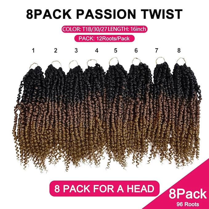 NAYOO Passion Twist Hair - 8 Packs 16 Inch Passion Twist Crochet Hair For Women, Crochet Pretwisted Curly Hair Passion Twists Synthetic Braiding Hair Extensions(16 Inch 8 Packs, T1B/30/27)