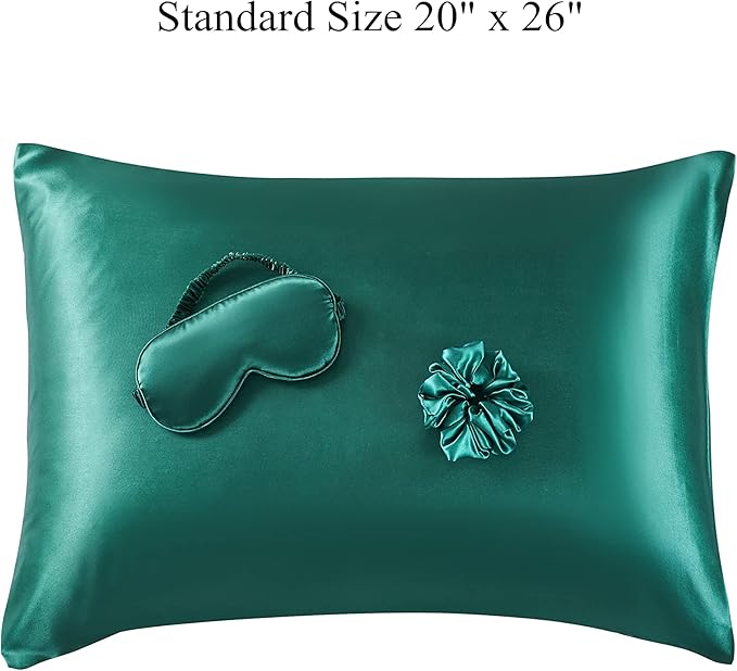 Satin Pillowcase for Hair and Skin, Vegan Silk Pillowcase Set-2 Satin Pillowcases, 1 Eye Mask, 1 Scrunchie-Luxury Sleep Set, Dark Green Pillow Cases Standard Size with Envelope Closure