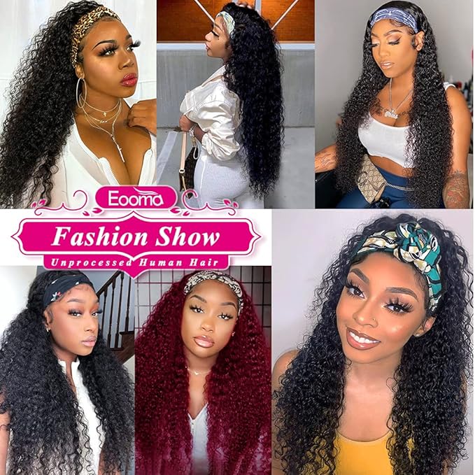 Eooma Curly Headband Wig Human Hair Wigs for Black Women 26 inch Briazilian Scarf Wig No Gel Glueless Remy Curly None Lace Front Wigs Human Hair
