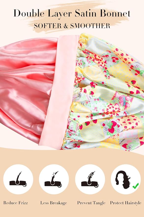 Double Layer Silk Bonnet with Tie Satin Lined Sleep Cap Hair Cover for Women's Curly Natural Hair