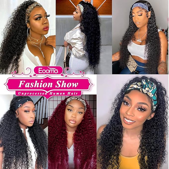 Eooma Glueless Wigs Human Hair Curly Headband Wig for Black Women (20 inch) Brazilian Remy Hair Curly None Lace Front Wigs Human Hair Scarf No Gel Wigs