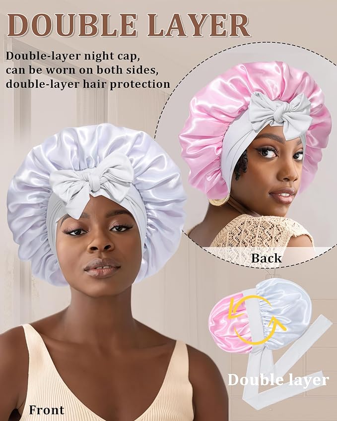 Reversible Satin Bonnet for Sleeping Women Double Layer Hair Bonnet with 2PCS Hair Scrunchies Elastic Tie Band Night Cap