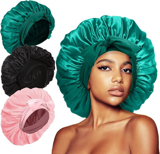 3Pcs Bonnets for Sleeping, Extra Satin Silk Bonnet for Sleeping Women with Tie Band for Curly Hair Jumbo Bonnet Braids
