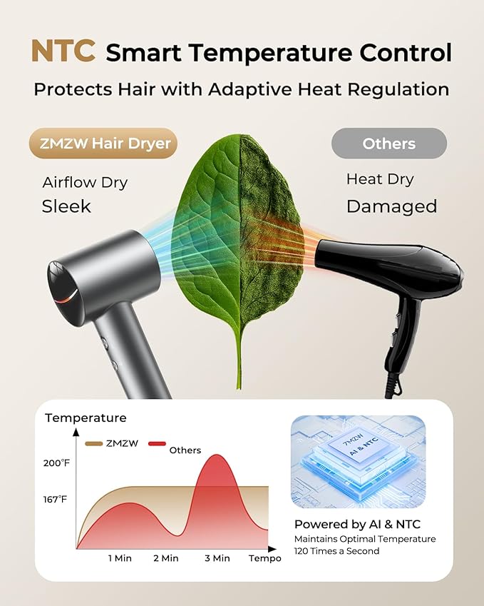 Hair Dryer, High-Speed Ionic Quiet Blow Dryer with 160,000 RPM Brushless Motor for Fast Drying, Low Noise Thermo-Control Compact Professional Dryers with Magnetic Diffuser & Nozzle for All Hair Types
