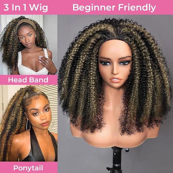 Kinky Curly Half Wig Human Hair 200% Density Wear Go Glueless Wigs Human Hair 16 Inch Curly 3 In 1 Half Wigs for Women 1B/27 Honey Blonde Wig Drawstring Seamless Flip Headband Wig Beginner Friendly