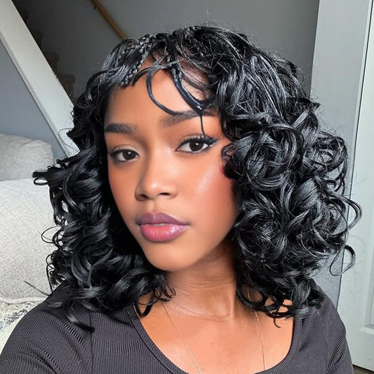 Leeven 10 Inch Pre Looped Curly Crochet Hair 8 Packs Black Boho French Curl Crochet Braids Short Bob Goddess Box Braids Loose Wave Synthetic Hair Extensions for Women Girl